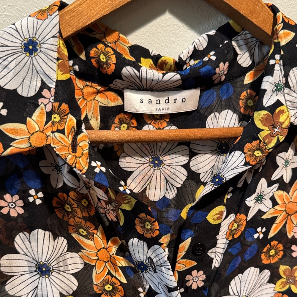Sandro Paris Reyes Floral Button-Front Sheer Smock Dress in Black & Mustard - Picture 2 of 16